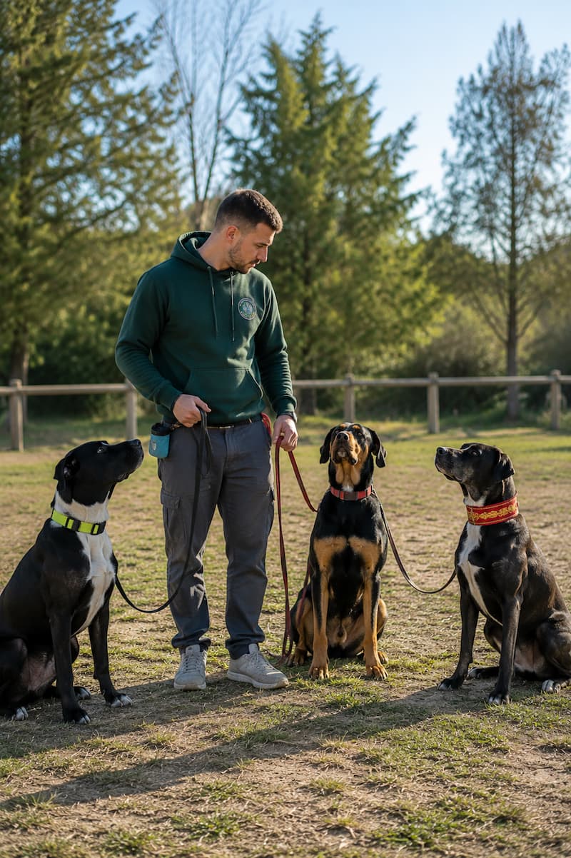 Alejandro Elvira trabajando modificación de conducta en grupo con varios perros