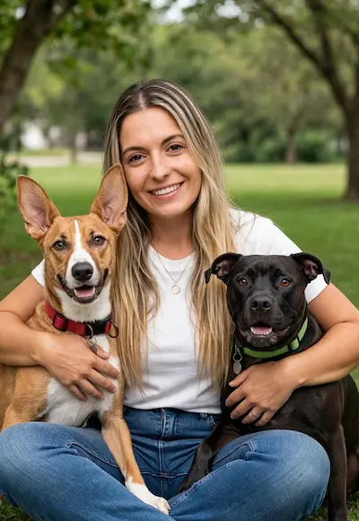 Clara, adiestradora de Enjoy Can, con dos perros en un parque